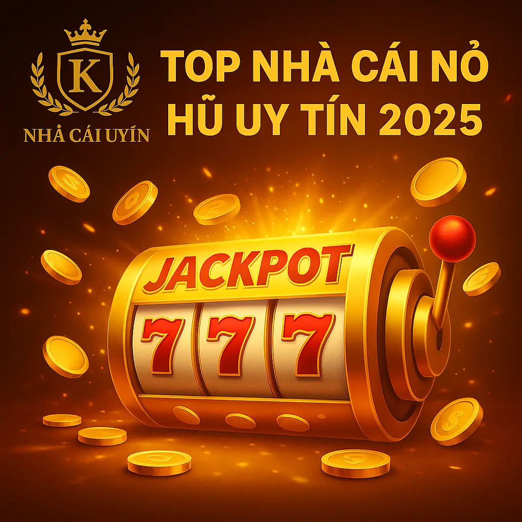 Banner nhà cái nổ hũ uy tín 2025 với hình ảnh máy slot và hiệu ứng jackpot