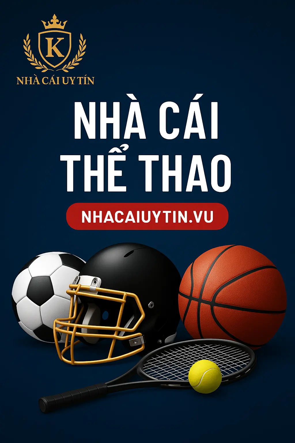 Hình ảnh nhà cái thể thao với logo và biểu tượng bóng đá, bóng rổ, tennis
