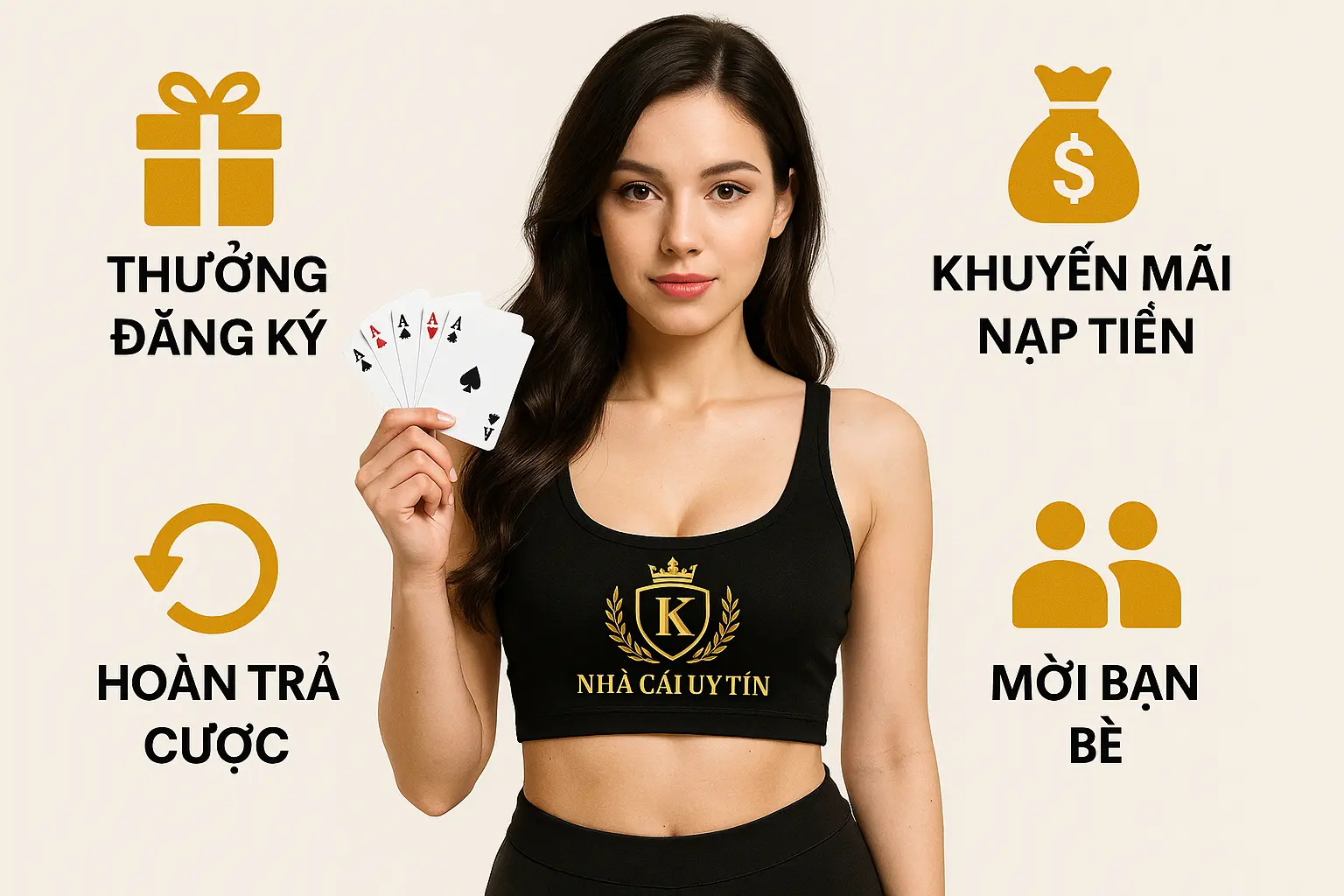 Người mẫu nữ giới thiệu các hình thức khuyến mãi phổ biến từ nhà cái uy tín như thưởng đăng ký, khuyến mãi nạp tiền, hoàn trả cược và mời bạn bè.