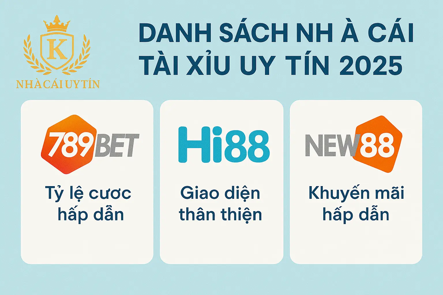 Danh sách nhà cái tài xỉu uy tín 2025 như 789bet, Hi88, New88 với ưu đãi và giao diện thân thiện