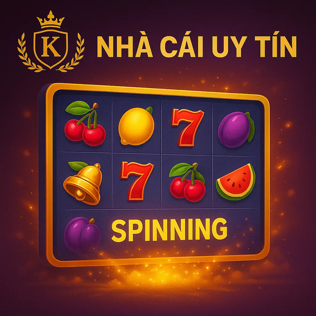 Giao diện trò chơi nổ hũ trực tuyến với các biểu tượng slot và hiệu ứng quay