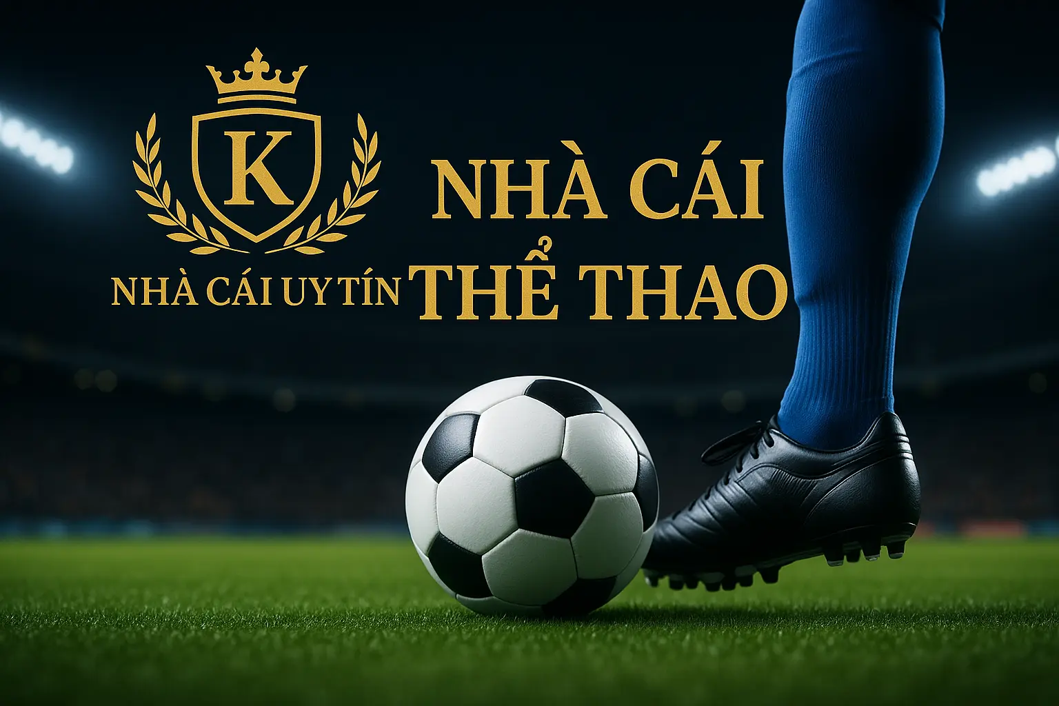 Hình ảnh sân bóng đá với cầu thủ đang sút bóng và logo nhà cái uy tín